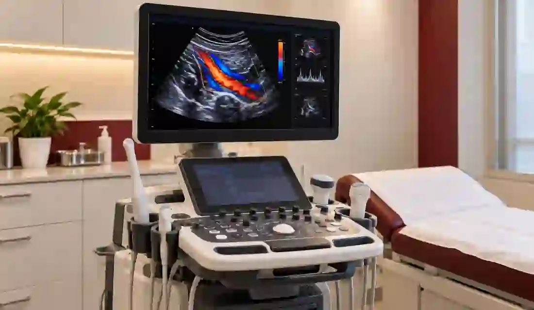 Ultrasound monitor displaying colour Doppler imaging.