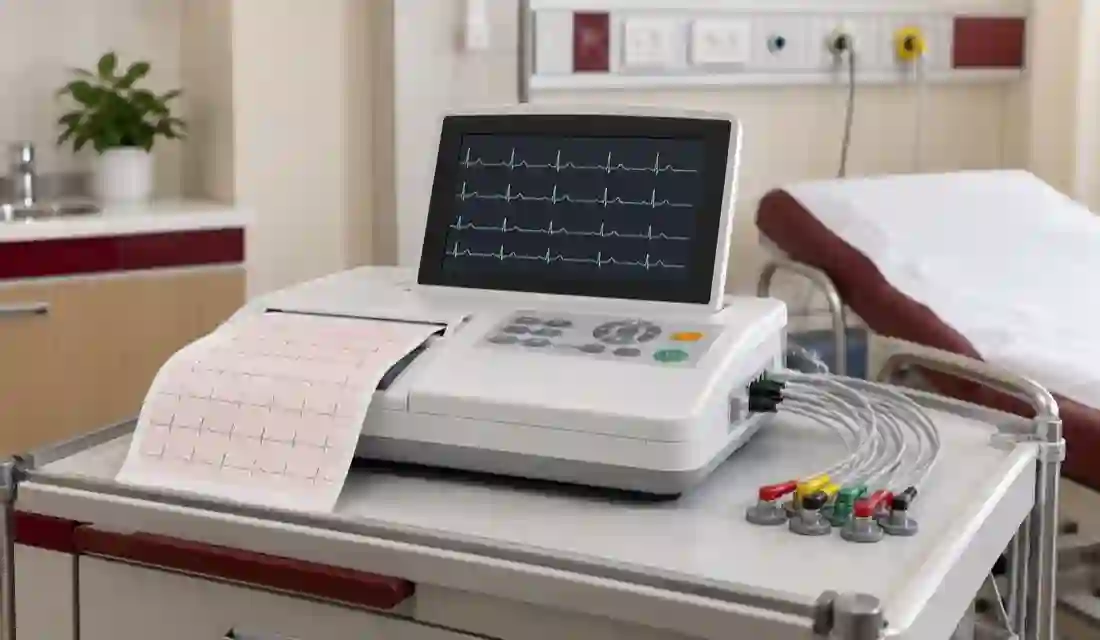 Electrocardiograph equipment in a clinical room.